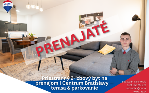 Priestranný 2-izbový byt na prenájom | Centrum Bratislavy — terasa & parkovanie